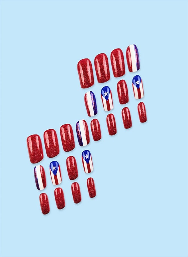 KKUUOO 24Pcs 4th of July Press on Nails,Short Square Fake Nails with Star Glitter Designs Red White Blue Striped Nails Press Ons Full Cover Acrylic Glossy Stick on Nails for Women Girls - Image 5