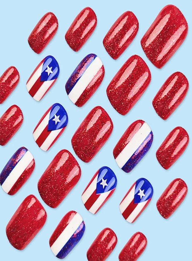 KKUUOO 24Pcs 4th of July Press on Nails,Short Square Fake Nails with Star Glitter Designs Red White Blue Striped Nails Press Ons Full Cover Acrylic Glossy Stick on Nails for Women Girls - Image 2