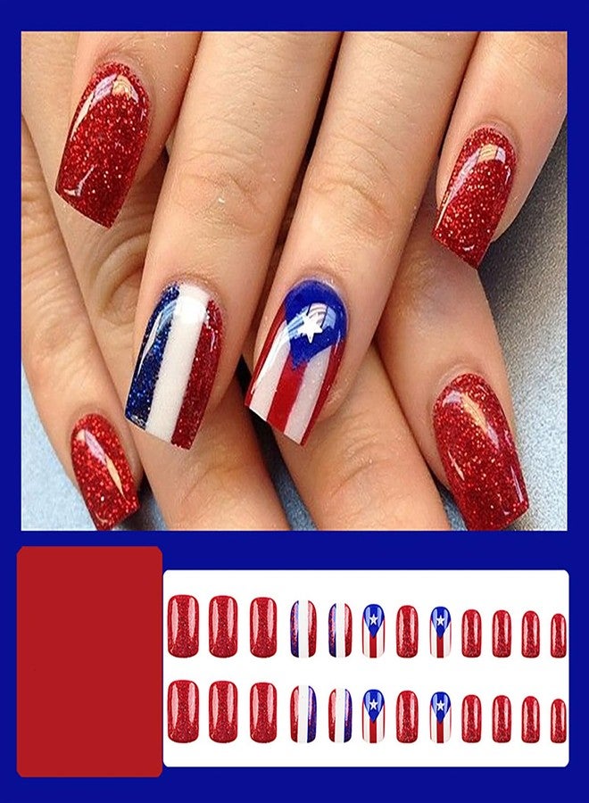 KKUUOO 24Pcs 4th of July Press on Nails,Short Square Fake Nails with Star Glitter Designs Red White Blue Striped Nails Press Ons Full Cover Acrylic Glossy Stick on Nails for Women Girls - Image 4