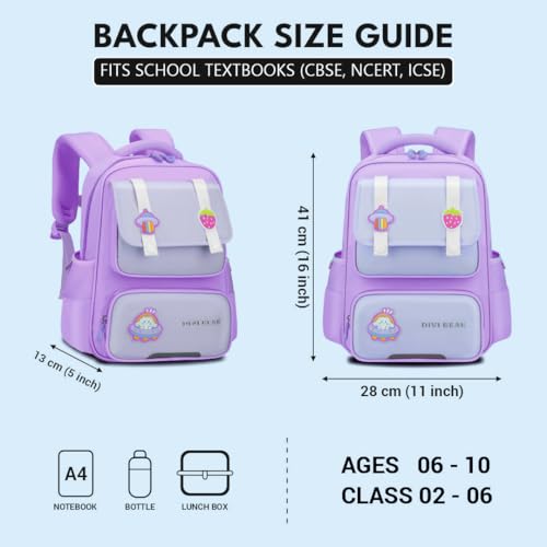 Elios Divi Bear Series 16-Inch School Backpack for Girls Ages 6-10 Y| Multi-Compartment, Lightweight, Water-Resistant Bag Grade 2 to 6 â€“ Ideal for School & Travel Use (Purple) - Image 2