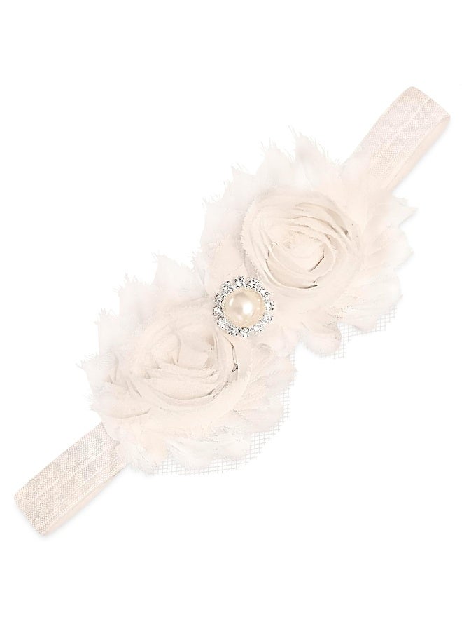 Tesorrio Baby Girls Lace Headband for Girls - Boho Chic Baby Girl Headband with Bow Lace Cream Infant Wrap Pearl Hair Bows for Girls - Girls Headband Elastic Baby Turban Headband Newborn Baby Girl Accessories  - Image 1