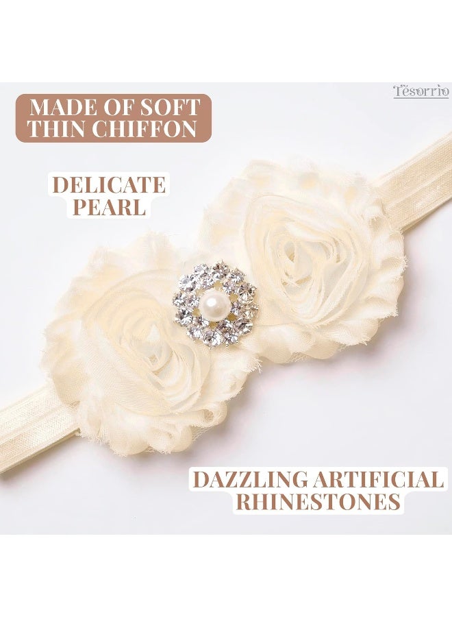 Tesorrio Baby Girls Lace Headband for Girls - Boho Chic Baby Girl Headband with Bow Lace Cream Infant Wrap Pearl Hair Bows for Girls - Girls Headband Elastic Baby Turban Headband Newborn Baby Girl Accessories  - Image 4