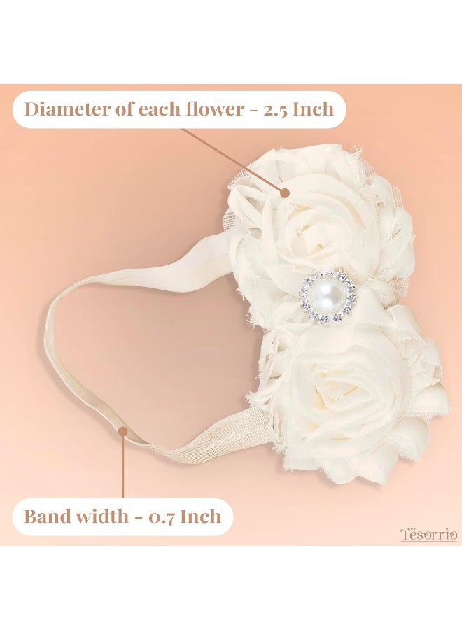Tesorrio Baby Girls Lace Headband for Girls - Boho Chic Baby Girl Headband with Bow Lace Cream Infant Wrap Pearl Hair Bows for Girls - Girls Headband Elastic Baby Turban Headband Newborn Baby Girl Accessories  - Image 2