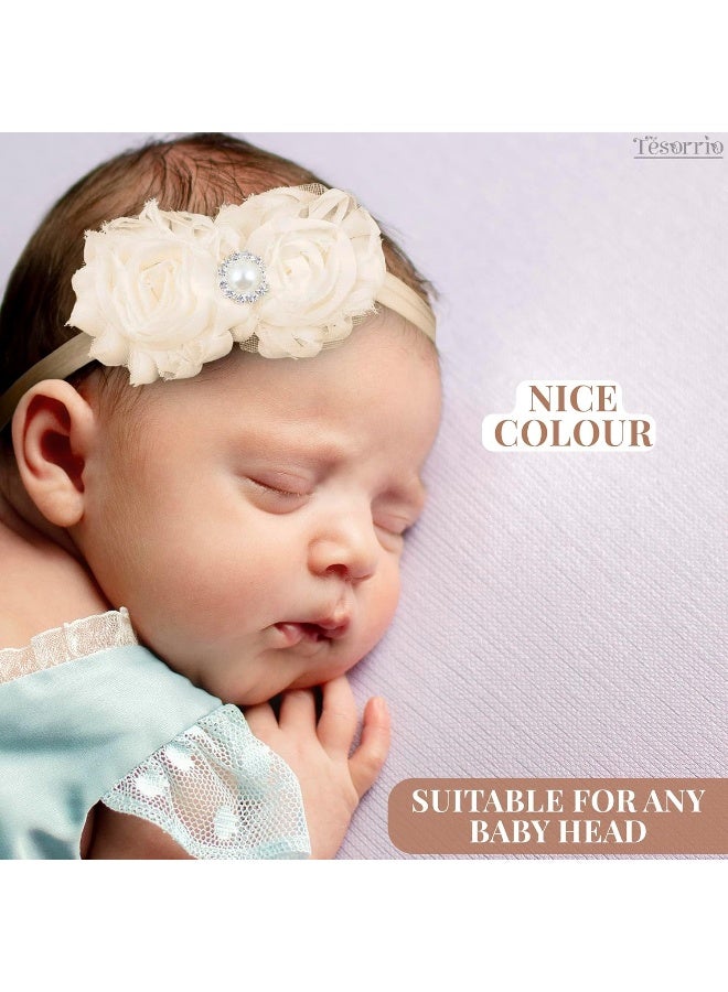 Tesorrio Baby Girls Lace Headband for Girls - Boho Chic Baby Girl Headband with Bow Lace Cream Infant Wrap Pearl Hair Bows for Girls - Girls Headband Elastic Baby Turban Headband Newborn Baby Girl Accessories  - Image 3