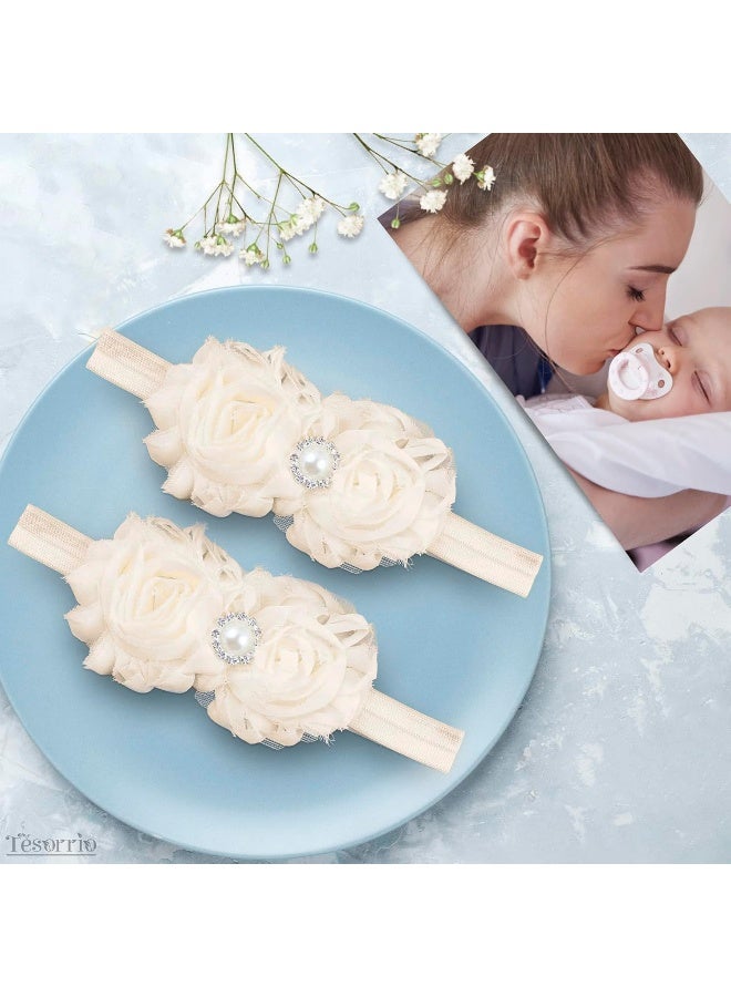 Tesorrio Baby Girls Lace Headband for Girls - Boho Chic Baby Girl Headband with Bow Lace Cream Infant Wrap Pearl Hair Bows for Girls - Girls Headband Elastic Baby Turban Headband Newborn Baby Girl Accessories  - Image 5