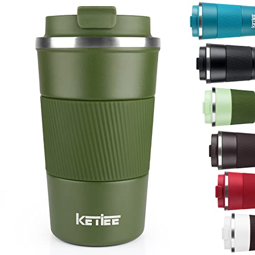 KETIEE Travel Coffee Mug 12oz Vacuum Insulated Coffee Cup with Leakproof Lid Coffee Tumbler Reusable Coffee Cups Double Wall Stainless Steel Coffee Mug to Go for HotIce Coffee Tea Army Green