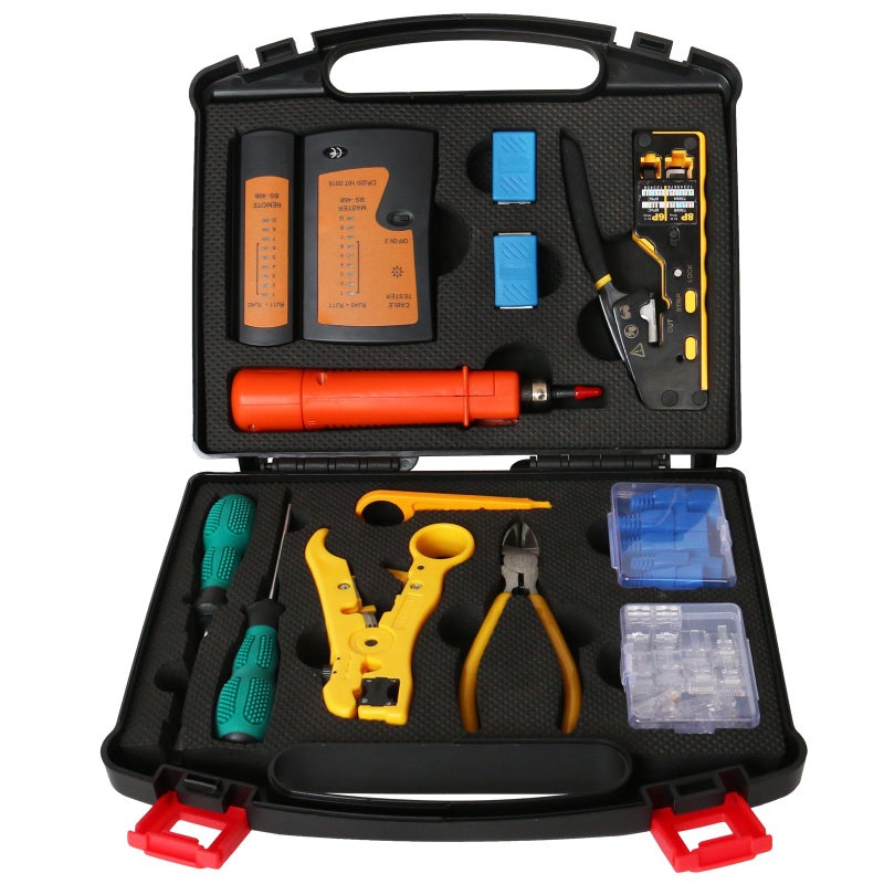 trophable Network Tool Kit, 12 in 1 Professional RJ45 Crimp Tool Kit Pass Through Crimper RJ45 Tester 110/88 Punch Down Tool Stripper Cutter Cat6 Pass Through Connectors and Boots - Image 1