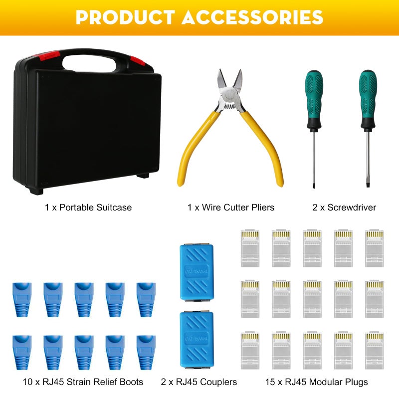 trophable Network Tool Kit, 12 in 1 Professional RJ45 Crimp Tool Kit Pass Through Crimper RJ45 Tester 110/88 Punch Down Tool Stripper Cutter Cat6 Pass Through Connectors and Boots - Image 5