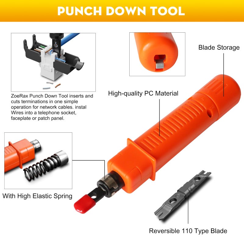 trophable Network Tool Kit, 12 in 1 Professional RJ45 Crimp Tool Kit Pass Through Crimper RJ45 Tester 110/88 Punch Down Tool Stripper Cutter Cat6 Pass Through Connectors and Boots - Image 4