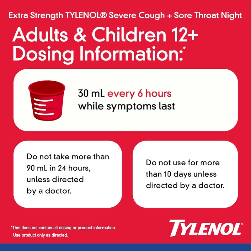 Tylenol Extra Strength Severe Cough Sore Throat Nighttime Liquid Cold Medicine MultiSymptom Cold Relief Acetaminophen Pain Reliever Dextromethorphan HBr Doxylamine Succinate 8 Oz - Image 4