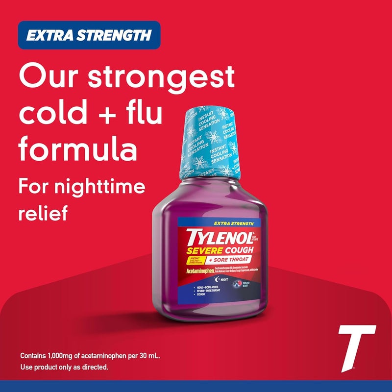 Tylenol Extra Strength Severe Cough Sore Throat Nighttime Liquid Cold Medicine MultiSymptom Cold Relief Acetaminophen Pain Reliever Dextromethorphan HBr Doxylamine Succinate 8 Oz - Image 2
