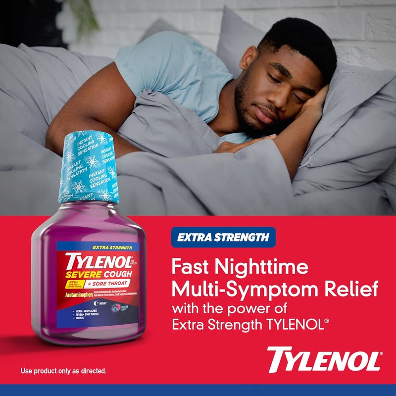 Tylenol Extra Strength Severe Cough Sore Throat Nighttime Liquid Cold Medicine MultiSymptom Cold Relief Acetaminophen Pain Reliever Dextromethorphan HBr Doxylamine Succinate 8 Oz - Image 5