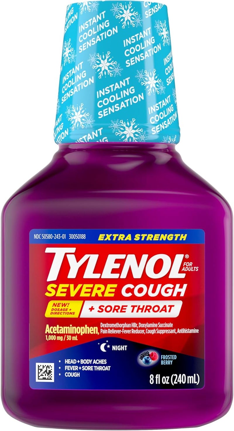 Tylenol Extra Strength Severe Cough Sore Throat Nighttime Liquid Cold Medicine MultiSymptom Cold Relief Acetaminophen Pain Reliever Dextromethorphan HBr Doxylamine Succinate 8 Oz - Image 1
