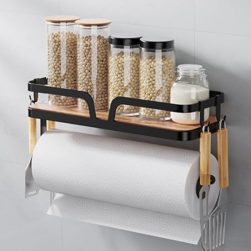 Taozun Paper Towel Holder Wall Mount Kitchen Paper Holder Spice Rack Black Paper Towel Roll Holder RV Paper Towel Rack with 4 Hooks2 Installation Methods SelfAdhesive and Drilling - Image 1