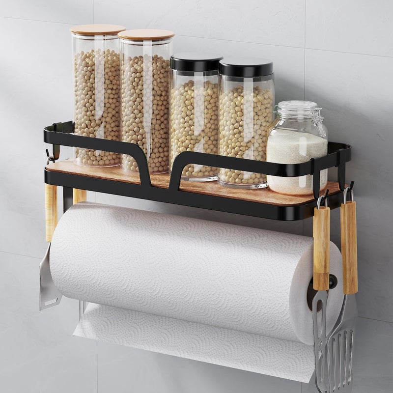 Taozun Paper Towel Holder Wall Mount Kitchen Paper Holder Spice Rack Black Paper Towel Roll Holder RV Paper Towel Rack with 4 Hooks2 Installation Methods SelfAdhesive and Drilling - Image 2