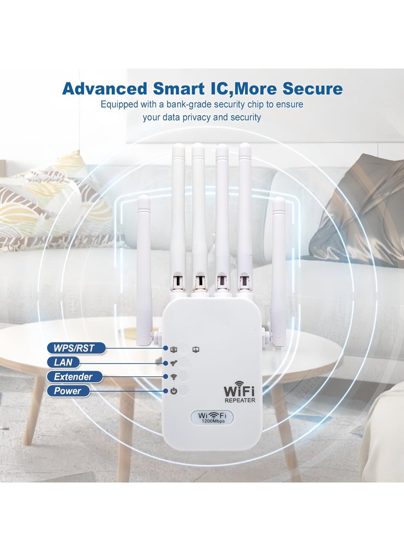 Wifi Extender WiFi Signal Repeater with 6 antennas, 1200Mbps，5G/2.4G Dual Band WiFi Extender, Wireless Extender Router Wireless Network Amplifier, Wide Coverage with 6 antennas, One-touch Setting, Plug And Play - Image 2