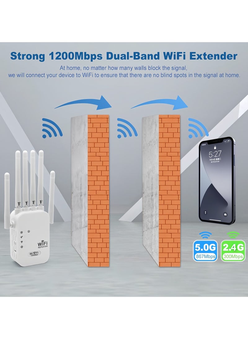Wifi Extender WiFi Signal Repeater with 6 antennas, 1200Mbps，5G/2.4G Dual Band WiFi Extender, Wireless Extender Router Wireless Network Amplifier, Wide Coverage with 6 antennas, One-touch Setting, Plug And Play - Image 3