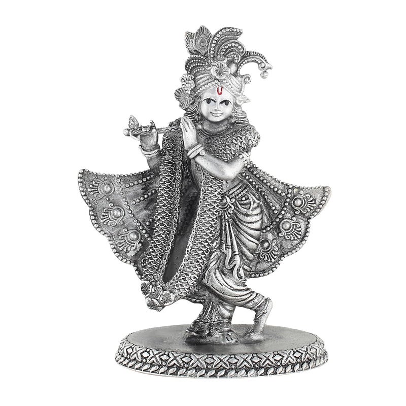 PRD CARATCAFE Krishna Pure Silver 925 Statue 33 GMS Approx Gopal Playing Flute with Mor Mukut Antique Look God Murti for Home Office Car Pooja - Image 1