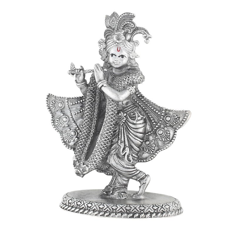 PRD CARATCAFE Krishna Pure Silver 925 Statue 33 GMS Approx Gopal Playing Flute with Mor Mukut Antique Look God Murti for Home Office Car Pooja - Image 3