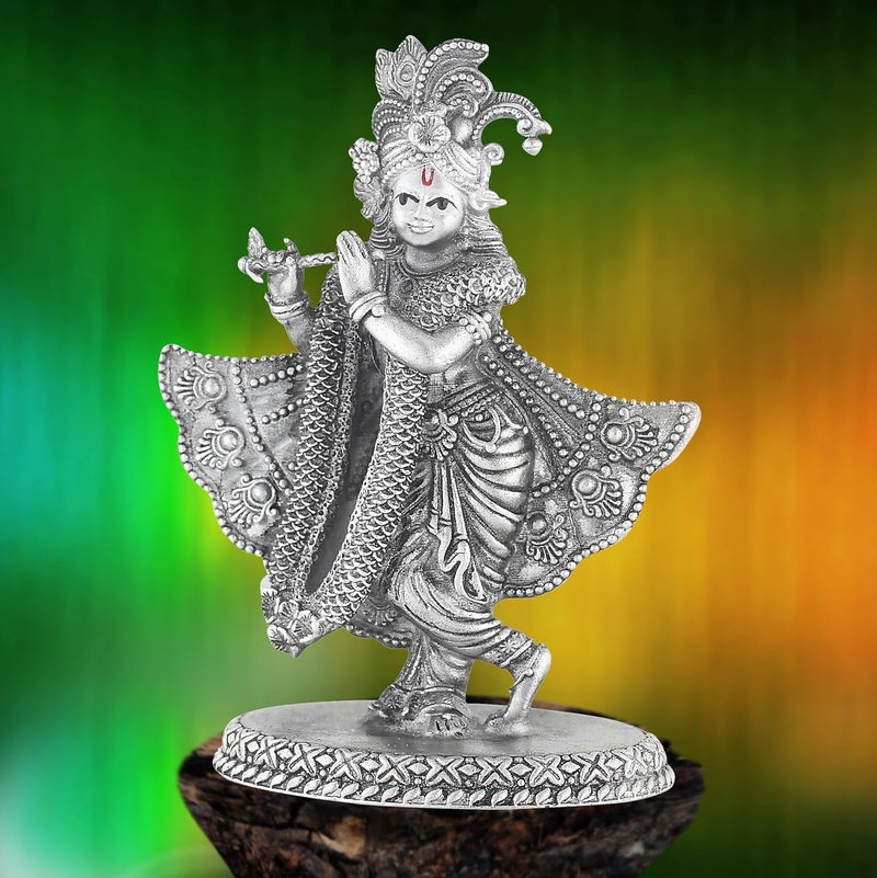 PRD CARATCAFE Krishna Pure Silver 925 Statue 33 GMS Approx Gopal Playing Flute with Mor Mukut Antique Look God Murti for Home Office Car Pooja - Image 2