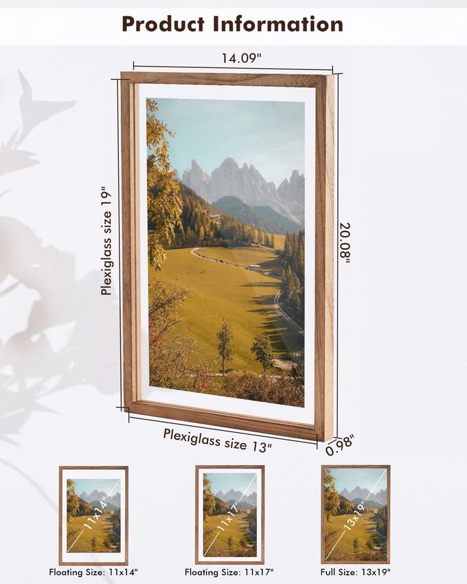 DLQuarts 13x19 Floating Picture Frame for 11x17/11x14 Photos, 2-Pack Solid Wood Double Plexiglass Wall Art Frames, Any Size Photo up to 13x19 Display, Carbonized Wood - Image 3