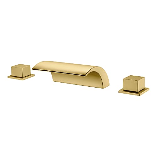 SUMERAIN Bathroom Roman Tub Faucet with Waterfall Spout, 3 Hole Deck Mount Bath Tub Filler Brushed Gold - Image 1