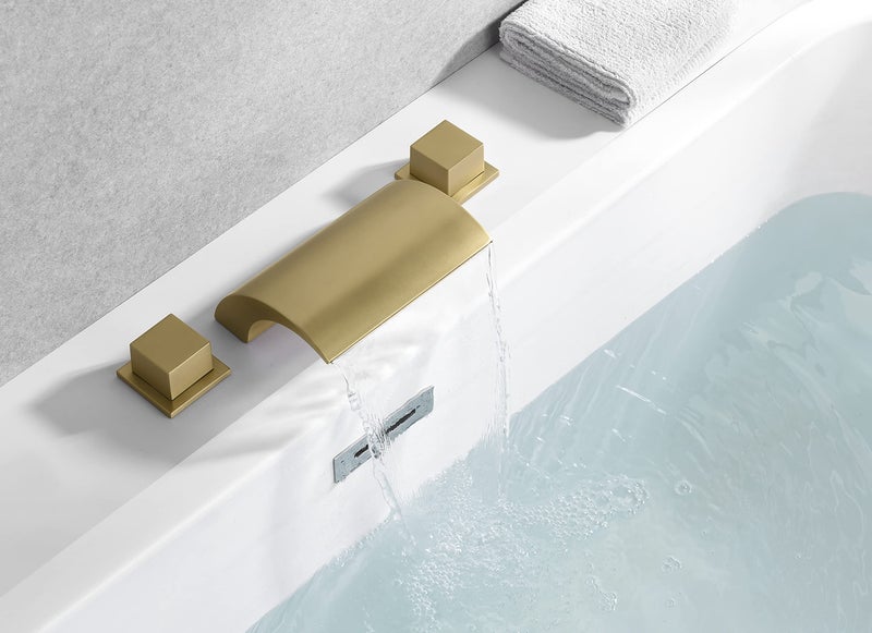 SUMERAIN Bathroom Roman Tub Faucet with Waterfall Spout, 3 Hole Deck Mount Bath Tub Filler Brushed Gold - Image 5