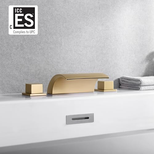 SUMERAIN Bathroom Roman Tub Faucet with Waterfall Spout, 3 Hole Deck Mount Bath Tub Filler Brushed Gold - Image 2