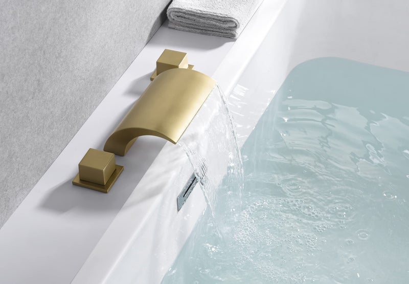 SUMERAIN Bathroom Roman Tub Faucet with Waterfall Spout, 3 Hole Deck Mount Bath Tub Filler Brushed Gold - Image 4