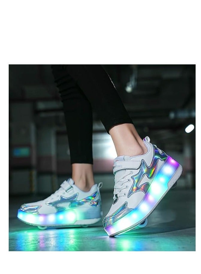 LAMAY Roller Skates for Girls Boys - Double Roller Kids Outdoor Luminous Shoes (WhiteSilver 39EU) - Image 5