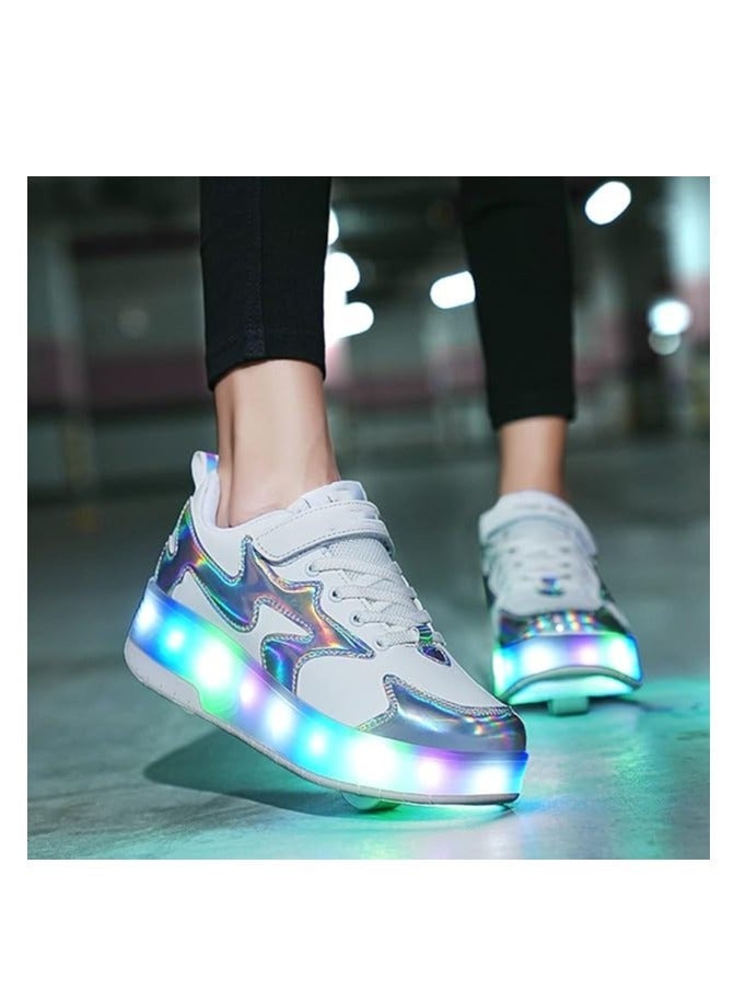 LAMAY Roller Skates for Girls Boys - Double Roller Kids Outdoor Luminous Shoes (WhiteSilver 39EU) - Image 4
