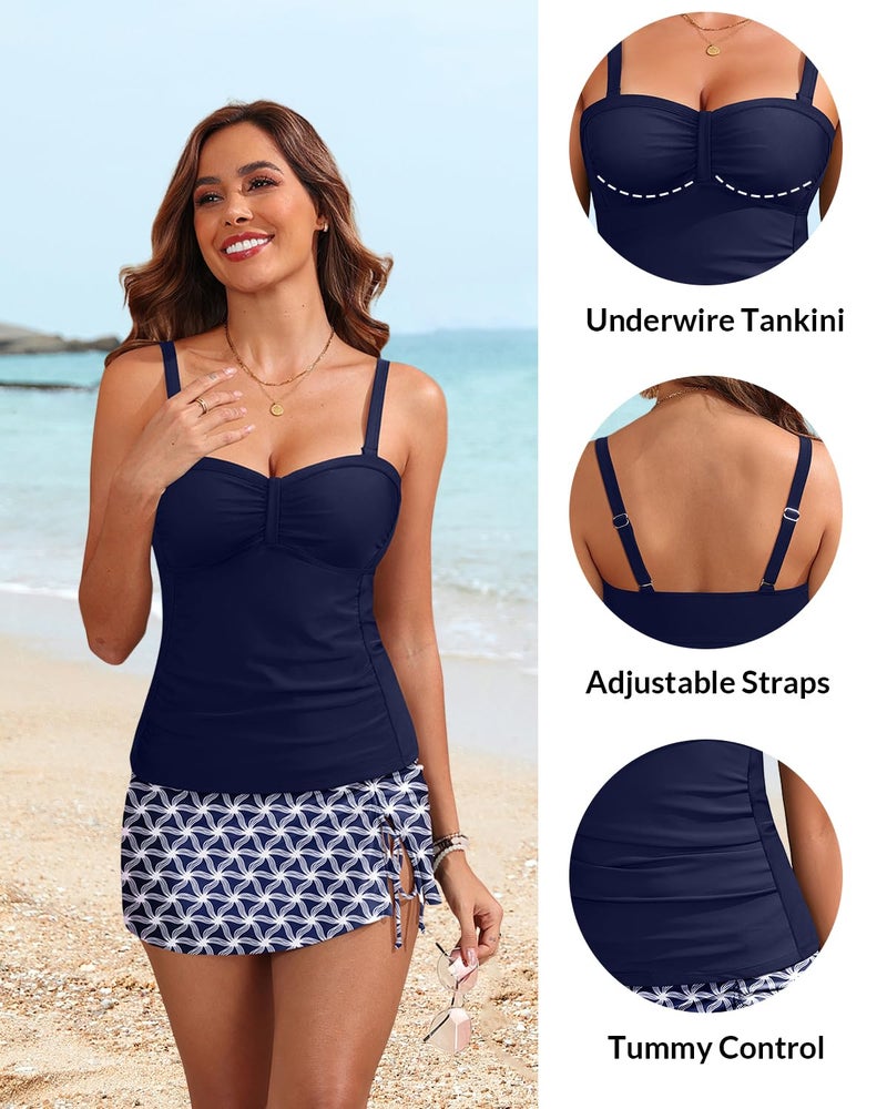 Yonique Womens Tankini Swimsuits with Skirt Two Piece Ruched Bathing Suits Push Up Swimwear Blue Star L - Image 4