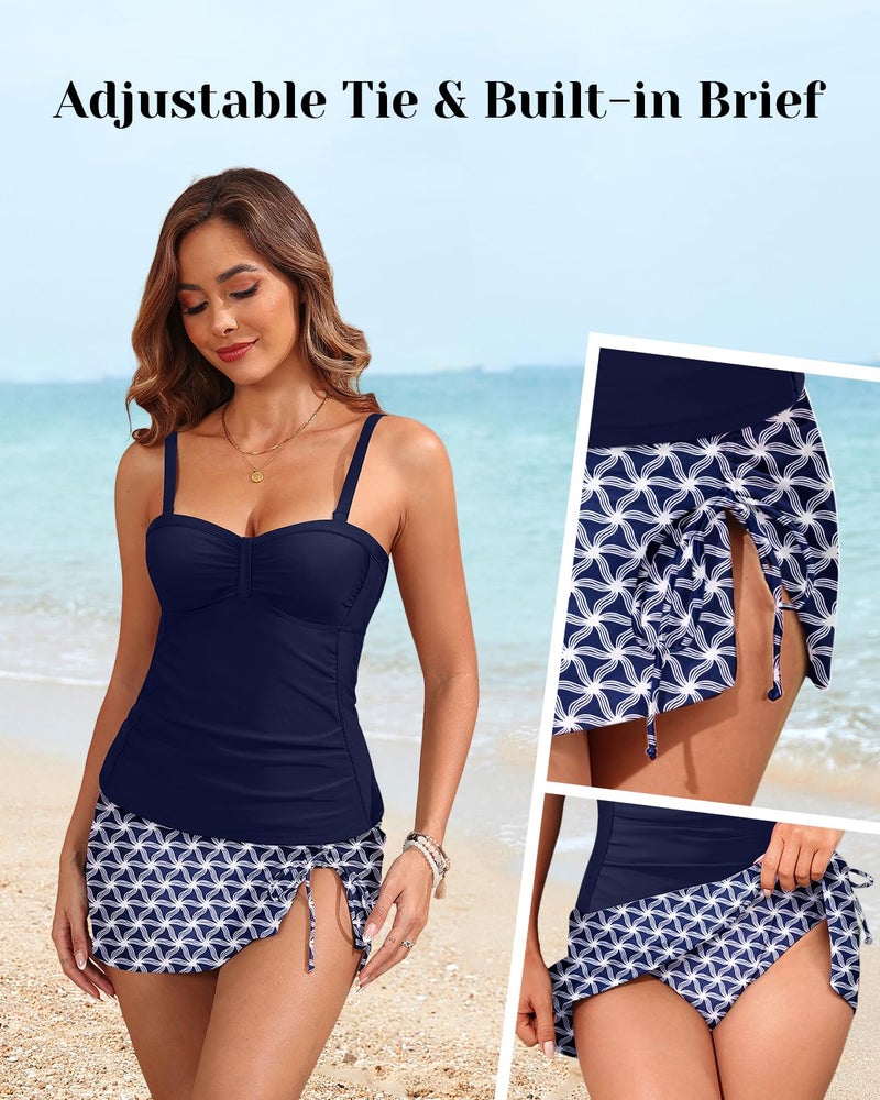 Yonique Womens Tankini Swimsuits with Skirt Two Piece Ruched Bathing Suits Push Up Swimwear Blue Star L - Image 5