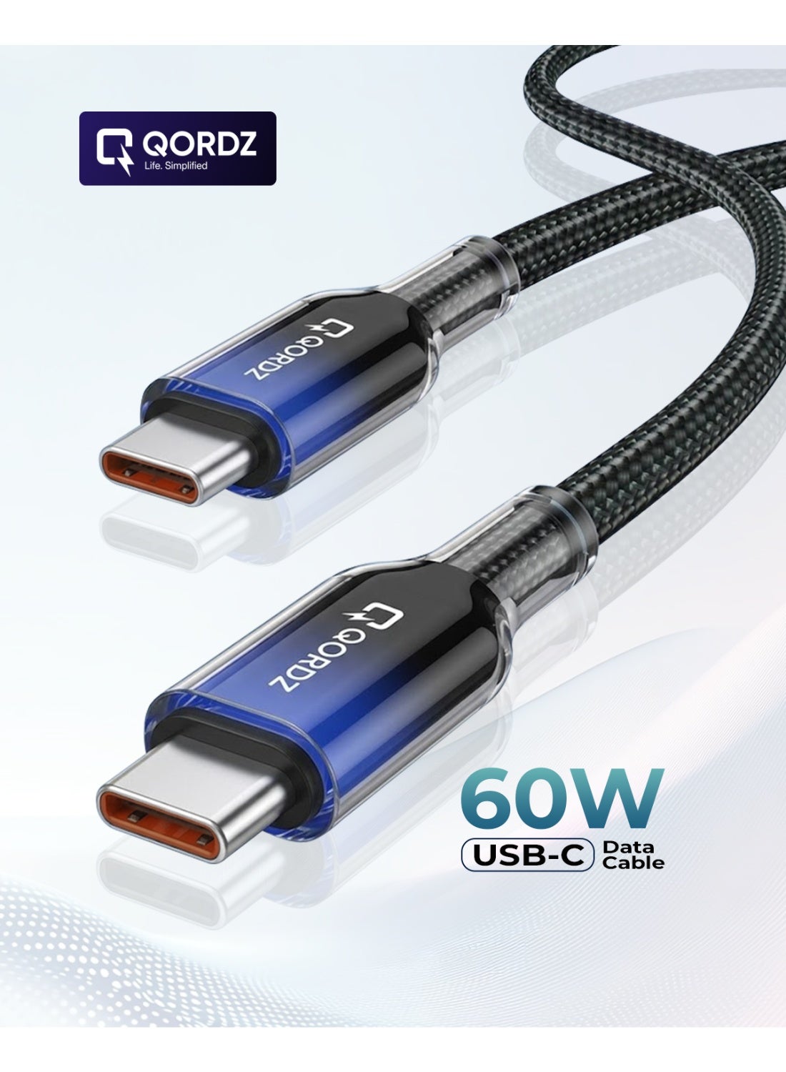 Qordz Premium 60W USB-C to USB-C Fast Charging Cable | Crystal Connector | 3A | Nylon Braided | For Android & USB-C iPhone