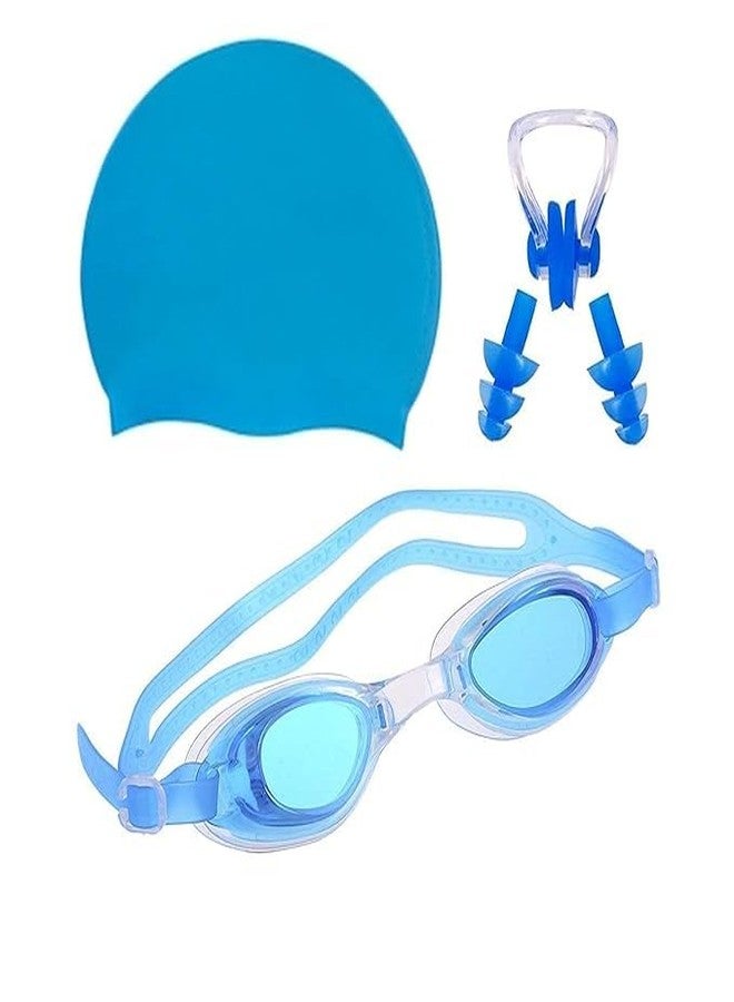 SEJASCOLLECTIONS 100% Silicone Anti Fog Swimming Goggles,Cap,Earplug & Noseplug Set- Ideal for All Age Group | Silicone Non Slip | Easy to Carry and Skin Friendly (Light Blue) - Image 1