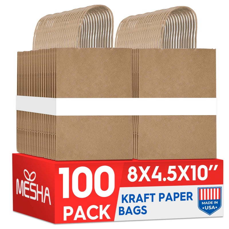 MESHA Brown Paper Bags with Handles 8x4.25x10.5 Inch 100 Pack,Kraft Gift Bags Bulk, Medium Size Craft Bag for Shopping Birthday Party Favor Grocery Retail Merchandise Wedding(Made in USA) - Image 1