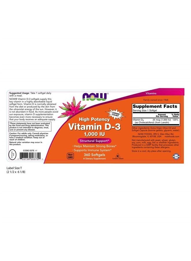 now Supplements, Vitamin D-3 1,000 IU, High Potency, Structural Support*, 360 Softgels - Image 2