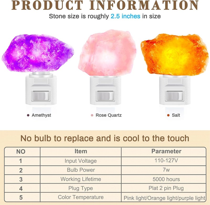 Hortsun 3 عبوة مصباح ملح الهيمالايا ليلي مصباح كريستالي ليلي قابس دوار لتنقية الجدران مصنوع من حجر الملح الطبيعي للمنزل - Image 2