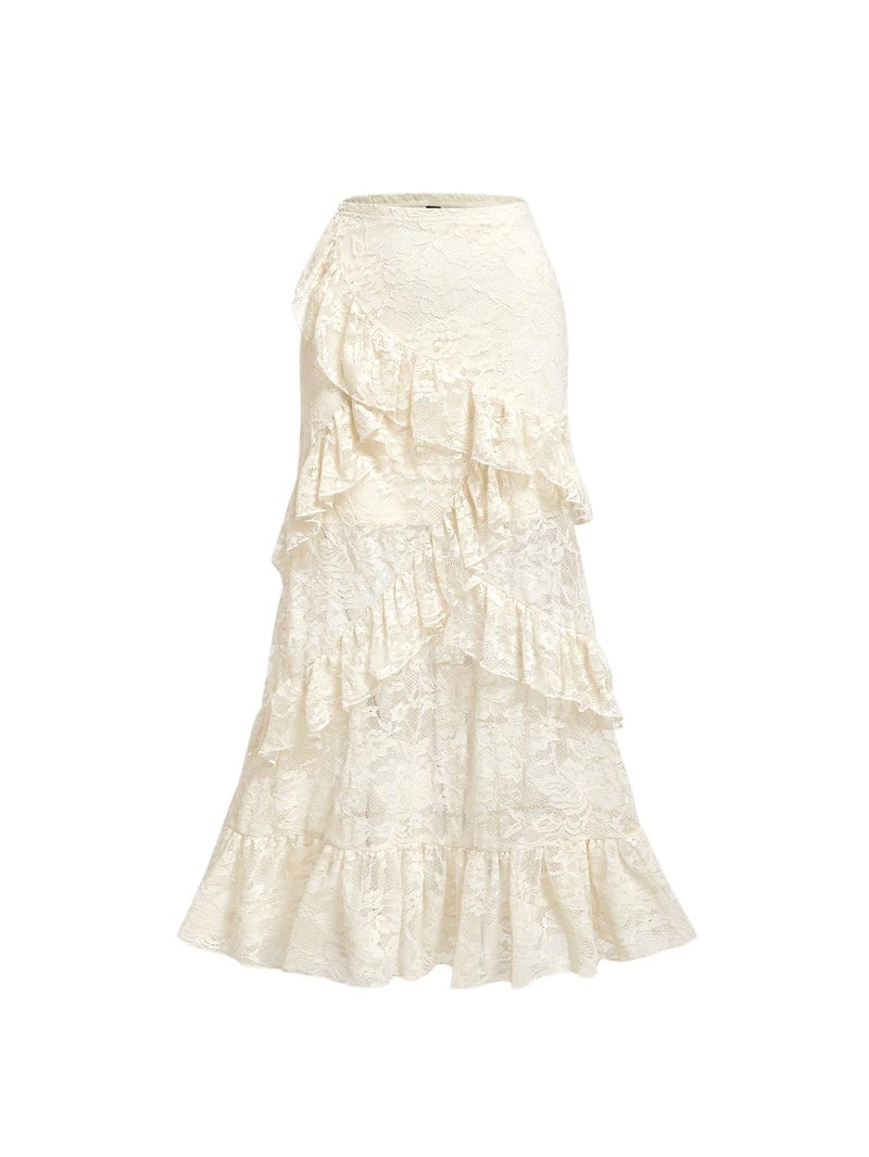 Verdusa Women's Y2k Lace Long Skirts High Waist Layered Ruffle Hem A Line Skirt Apricot Medium - Image 1