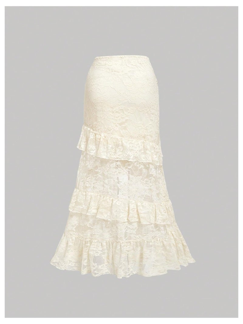 Verdusa Women's Y2k Lace Long Skirts High Waist Layered Ruffle Hem A Line Skirt Apricot Medium - Image 2