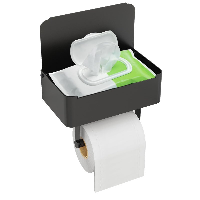 JUYSON Toilet Paper Holder with Shelf, Flushable Wipes Dispenser Fits for Bathroom Wipe Storage, Keep Your Wipes Hidden Out of Sight - SUS304 Stainless Steel Wall Mount Organizer (Matte Black) - Image 1