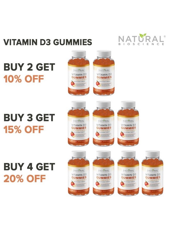 Natural BioScience Sugar Free Vitamin D3 K2 Gummies Family Size 180 Vitamin D Gummies Vitamin D3 5000 Iu+K2 Mk7 80 Mcg K2 D3 Vitamin Supplement Vitamin D K2 For Bones Immune Heart Mood Kosher Halal Glutenfree - Image 3