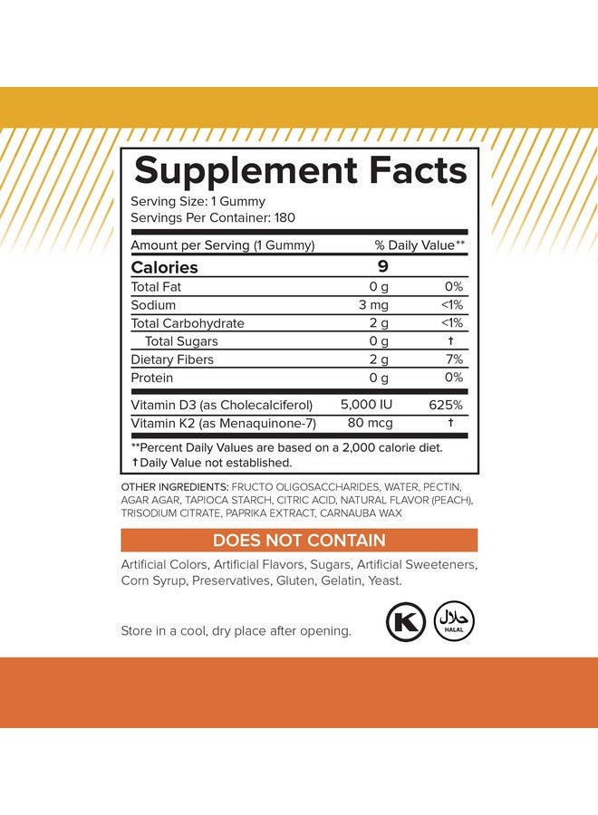 Natural BioScience Sugar Free Vitamin D3 K2 Gummies Family Size 180 Vitamin D Gummies Vitamin D3 5000 Iu+K2 Mk7 80 Mcg K2 D3 Vitamin Supplement Vitamin D K2 For Bones Immune Heart Mood Kosher Halal Glutenfree - Image 4