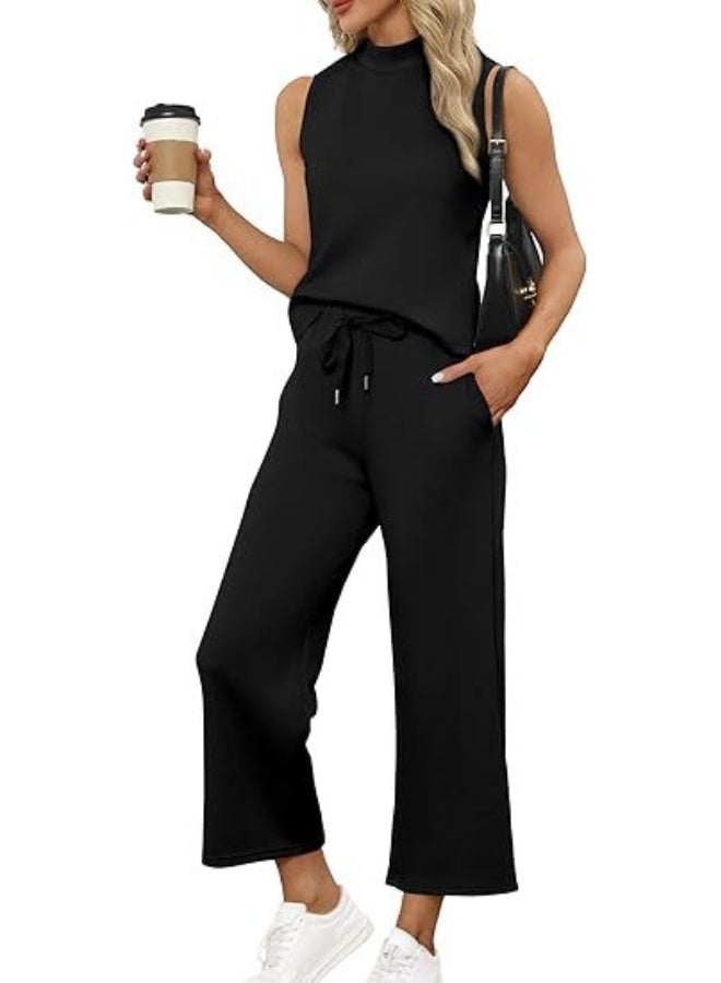 NIBEMINENT Two Piece Sets for Women Summer Outfits Lounge Sets Mock Neck Tops Wide Leg Crop Pants Vacation Travel Outfits - Image 1