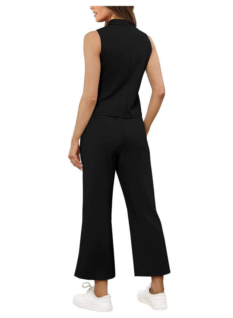 NIBEMINENT Two Piece Sets for Women Summer Outfits Lounge Sets Mock Neck Tops Wide Leg Crop Pants Vacation Travel Outfits - Image 5