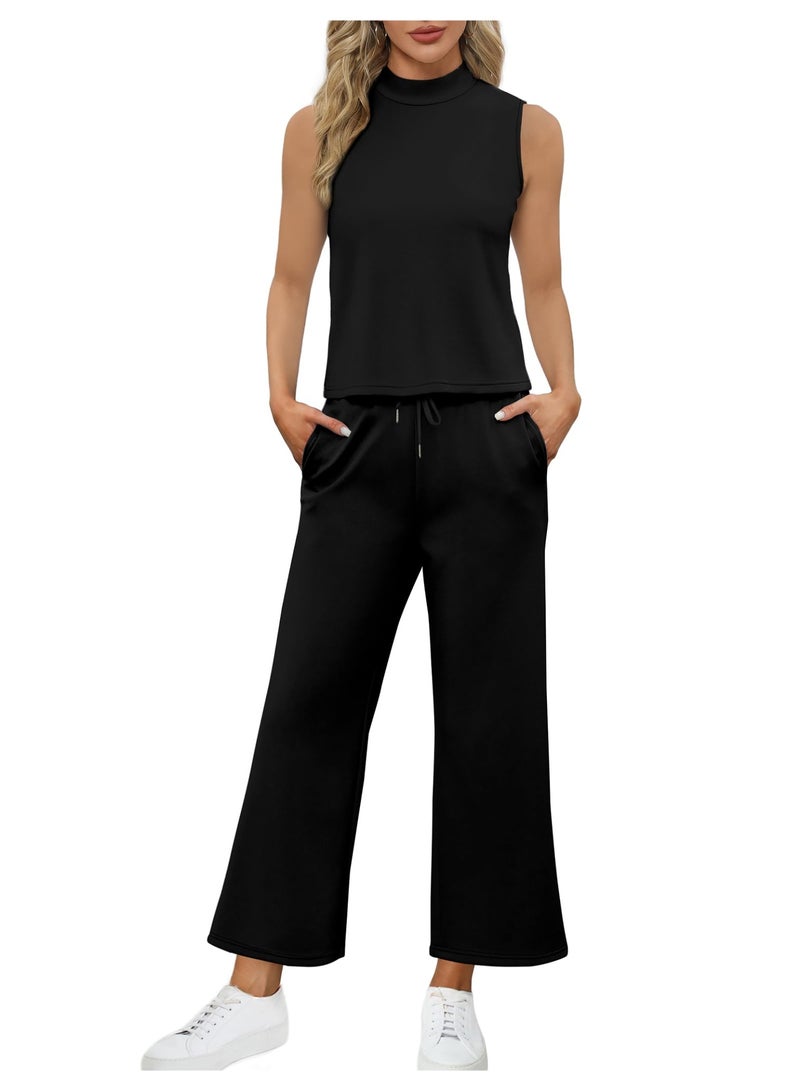 NIBEMINENT Two Piece Sets for Women Summer Outfits Lounge Sets Mock Neck Tops Wide Leg Crop Pants Vacation Travel Outfits - Image 3