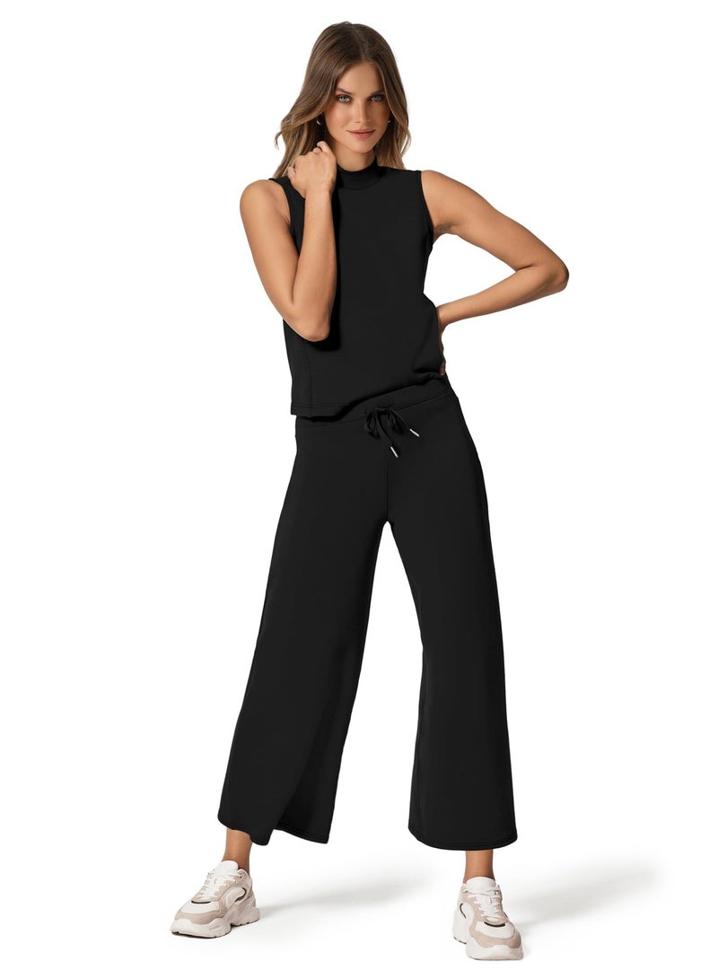NIBEMINENT Two Piece Sets for Women Summer Outfits Lounge Sets Mock Neck Tops Wide Leg Crop Pants Vacation Travel Outfits - Image 2