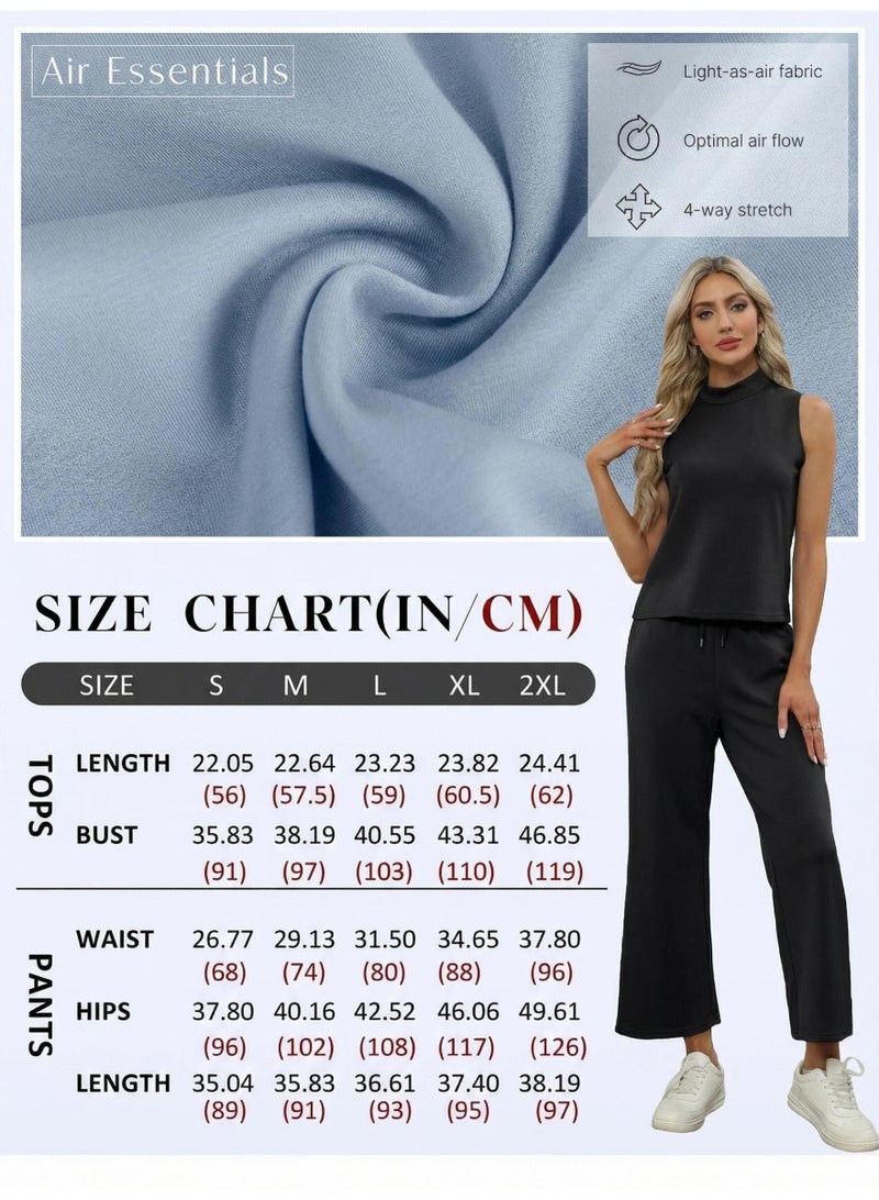 NIBEMINENT Two Piece Sets for Women Summer Outfits Lounge Sets Mock Neck Tops Wide Leg Crop Pants Vacation Travel Outfits - Image 4