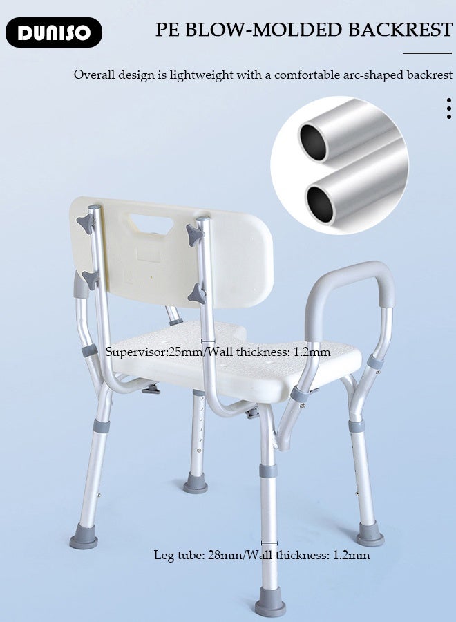 DUNISO Folding Bathroom Shower Chair Height Adjustable Foldable Shower Stool Bath Stools Shower Bench Shower Seat with Legs Backrest Armrests Anti-slip Feet for Elderly Seniors Disabled - Image 4