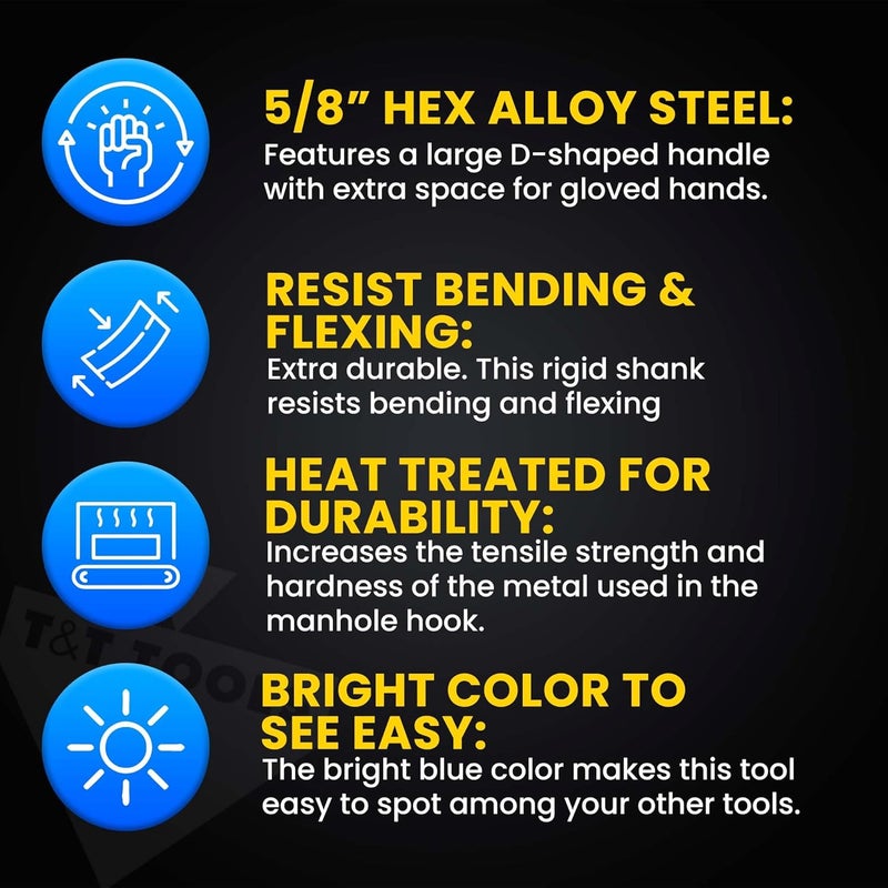 T & T Tools T&T Tools 24-Inch Manhole Cover Hook Tool, 5/8" Hex Alloy Steel Single Hook, Heavy Duty Lifting Manhole Covers, Septic Tank Risers, Grates, Storm Drains, Pallet Pulling, Bright Blue Finish, 1 Pack - Image 3